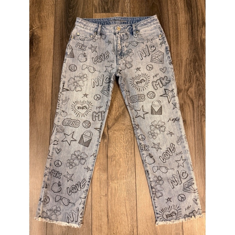 Michael Kors NYC Graffiti Logo High Rise Straight Leg Jeans Blue Size 4 Y2K BOLO